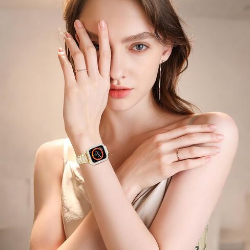 حزام ذهبي لساعة Apple Watch SE 3 نطاقات 40 مم للنساء مع حافظة واقية، سوار كريستال معدني لامع لسلسلة iWatch Band Series 6 5 4 SE SE2، استبدال المجوهرات الماسية لسوار معصم iPhone اللامع النحيف in Kuwait