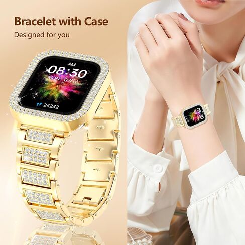 حزام ذهبي لساعة Apple Watch SE 3 نطاقات 40 مم للنساء مع حافظة واقية، سوار كريستال معدني لامع لسلسلة iWatch Band Series 6 5 4 SE SE2، استبدال المجوهرات الماسية لسوار معصم iPhone اللامع النحيف in Kuwait