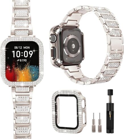 حزام ذهبي لساعة Apple Watch SE 3 نطاقات 40 مم للنساء مع حافظة واقية، سوار كريستال معدني لامع لسلسلة iWatch Band Series 6 5 4 SE SE2، استبدال المجوهرات الماسية لسوار معصم iPhone اللامع النحيف in Kuwait