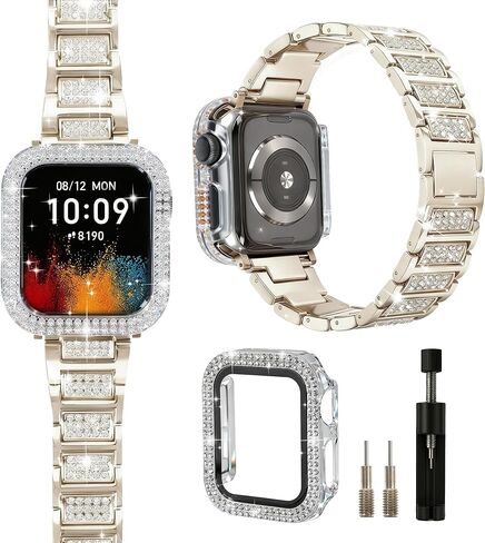 حزام ذهبي لساعة Apple Watch SE 3 نطاقات 40 مم للنساء مع حافظة واقية، سوار كريستال معدني لامع لسلسلة iWatch Band Series 6 5 4 SE SE2، استبدال المجوهرات الماسية لسوار معصم iPhone اللامع النحيف in Kuwait
