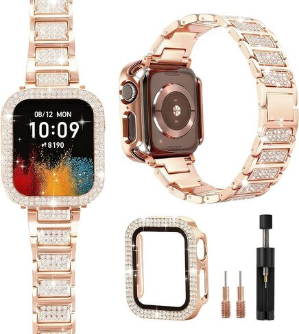 حزام ذهبي لساعة Apple Watch SE 3 نطاقات 40 مم للنساء مع حافظة واقية، سوار كريستال معدني لامع لسلسلة iWatch Band Series 6 5 4 SE SE2، استبدال المجوهرات الماسية لسوار معصم iPhone اللامع النحيف in Kuwait