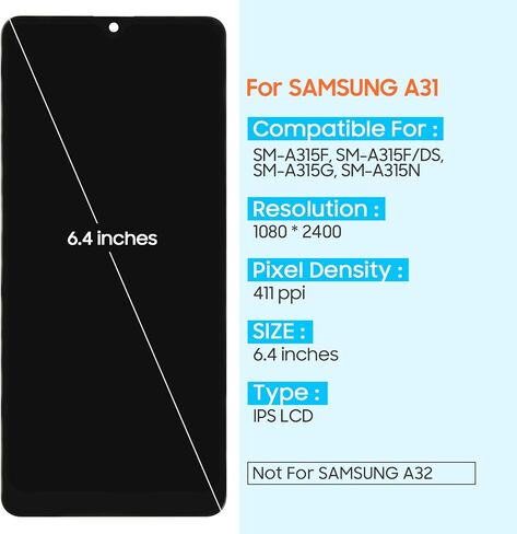Screen Replacement for Samsung Galaxy A31 A315 LCD Display Touch Screen Digitizer Assembly SM-A315F SM-A315F/DS SM-A315G with Repair Kits (Black,6.4 inch) in Saudi Arabia