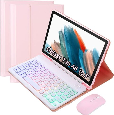 Keyboard Case with Mouse for Samsung Galaxy Tab A8 10.5" 2022 (SM-X200/X205/X207), Backlit Detachable Lightweight Keyboard, Multi-Angle Stand Case with Pencil Holder (Pink) in Saudi Arabia
