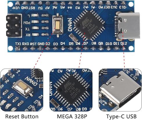 Presoldered Nano Boards USB-C 5V 16M with Cable ATmega328P/CH340G Chip Microcontroller Compatible with Arduino IDE in Saudi Arabia