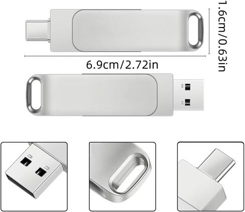 USB Flash Drive 64GB/128GB 3.0 Dual USB-A and USB-C Swivel Design Fast Transfer for PC Laptop Phone Tablet Office Travel, Silver, 128G in Saudi Arabia