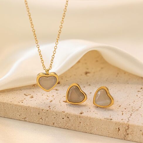 Dreuyet Carnelian Heart Earrings Necklace Set for Women Cute Love Red Crystal Carnelian Heart Stud Earrings Moonstone Pendant Birthday Anniversary Valentines Wedding Jewelry Gifts in Saudi Arabia