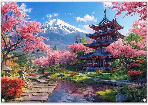 ZTHMOE Fabric 7x5ft Japanese Spring Blooming Cherry Flowers Bokeh Photography Backdrop Snow Mountain Courtyard Background Party Decoration Photo Banner Booth in Saudi Arabia