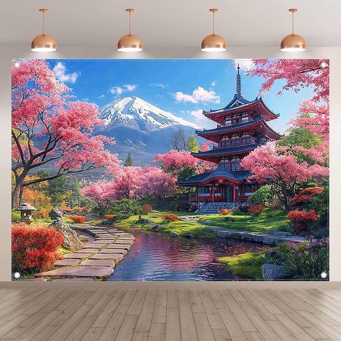 ZTHMOE Fabric 7x5ft Japanese Spring Blooming Cherry Flowers Bokeh Photography Backdrop Snow Mountain Courtyard Background Party Decoration Photo Banner Booth in Kuwait
