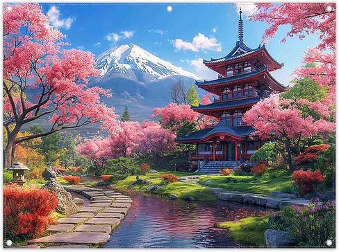 ZTHMOE Fabric 7x5ft Japanese Spring Blooming Cherry Flowers Bokeh Photography Backdrop Snow Mountain Courtyard Background Party Decoration Photo Banner Booth in Kuwait
