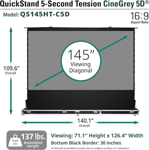 شاشات Elite QuickStand، 5-Second Tab-Tension C5D، بقطر 145 بوصة. 16:9، شاشة عرض يدوية للسحب لأعلى، ضوء السقف المحيط يرفض الفيلم المنزلي 8K 4K، ضمان لمدة عامين، QS145HT-C5D in Kuwait