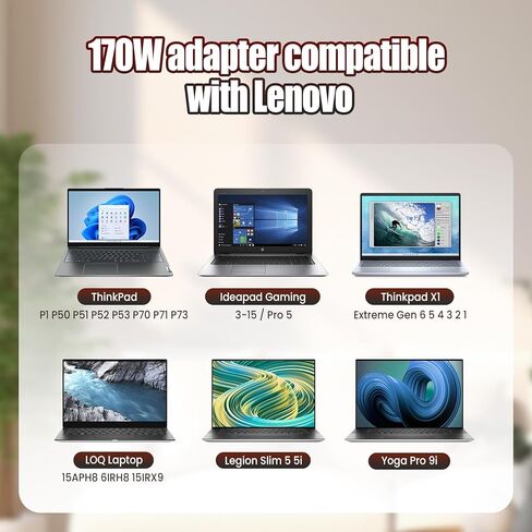 شاحن كمبيوتر محمول بطرف رفيع 170 وات متوافق مع Lenovo ThinkPad P50/ P51/ P52، P70/ P71/ P72 /P73؛ P1 وX1 المتطرفة؛ T15p/ P15v/ P16v/ P17; W540/ W541 — محول التيار المتردد البديل in Kuwait
