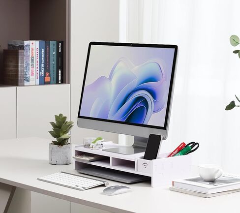 حامل شاشة ورف حامل للكمبيوتر المحمول مع درج منظم (أبيض، 19 بوصة طول × 8 بوصة عرض × 4.6 بوصة ارتفاع) in Kuwait