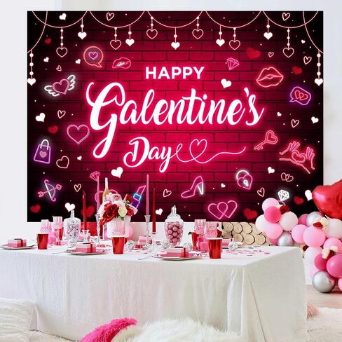 7x5ft Happy Galentine's Day Backdrop Red Pink Neon Glitter Heart Photography Background for Girl Lady Galentines Day Theme Party Decorations Banner Indoor Outdoor Holiday Photo Props in Saudi Arabia
