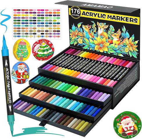 Amamao 132 Colors Acrylic Paint Markers Pens Set,66 Pack Brush Acrylic Paint Markers for Rock Painting Fabric Plastic Wood Canvas Stone Glass Paper DIY Craft Supplies in Saudi Arabia