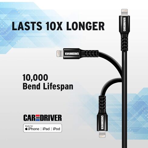 Car and Driver 4PK USB to Lightning Cable | Charging Cords for Car - Charge & Sync Smartphone & Tablet | Multi Length Lightning Charger Cables for iPhone & iPad | 3FT, 2 6FT, 10FT Charger Cord (Black) in Saudi Arabia