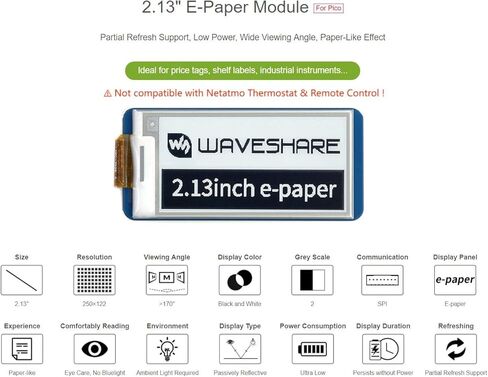 waveshare 2.13inch E-Paper E-Ink Display Module for Raspberry Pi Pico 250×122 Pixels Black/White Partial Refresh Support with SPI Interface in Saudi Arabia