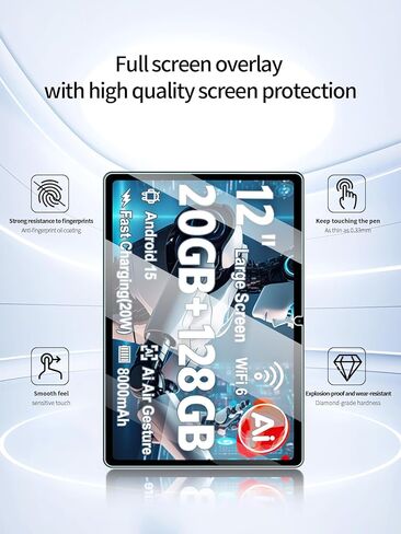 واقي شاشة لجهاز Azeyou M11T12-A733 Android 15 12 بوصة، مضاد للخدش 9H صلابة اللمس الحساسة 2.5D حواف مستديرة خالية من الفقاعات سهلة التركيب، عبوتان. in Kuwait