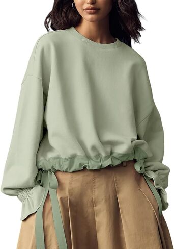ZOCPEONY المرأة طويلة الأكمام نفخة البلوز الرباط هيم Crewneck البلوز فضفاض الصلبة عارضة قمم in Saudi Arabia