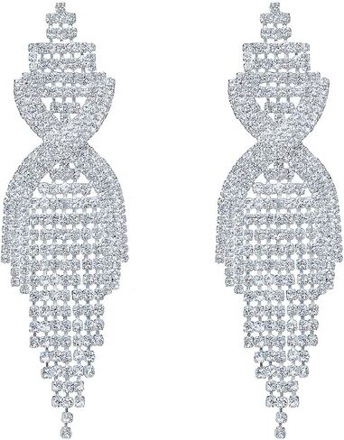 CHRAN Silver Teardrop Crystal Long Tassels Dangle Earrings Sparkling Rhinestone Ladies Gifts in Kuwait