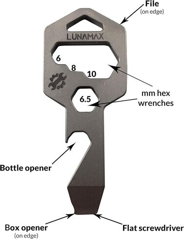 Lunamax Mighty Key-TITANIUM 8 في 1 أداة متعددة لسلسلة المفاتيح - قوية، خفيفة الوزن، فتاحة زجاجات الكل في واحد، مفك براغي مسطح الرأس، مفتاح ربط، قاطع صندوق، ومفك سداسي (فضي كلاسيكي) in Saudi Arabia