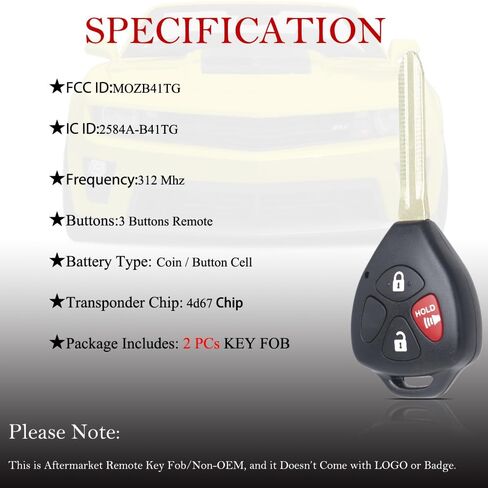 MechanMagic Key Fob Replacement Fits for Toyota Yaris 2007-2013 / Scion TC XD IQ 2005-2013 (MOZB41TG 2584A-B41TG) Keyless Entry Remote Control 4D67 Dot Chip (Set of 2) in Saudi Arabia
