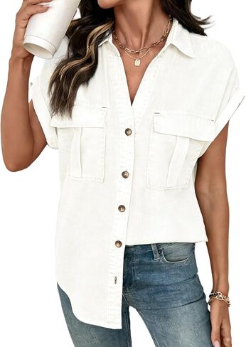 SIDEFEEL Women's Denim Shirt Button Down V Neck Short Sleeve Jean Shirts Trendy Casual Loose Fit Denim Tops in Saudi Arabia