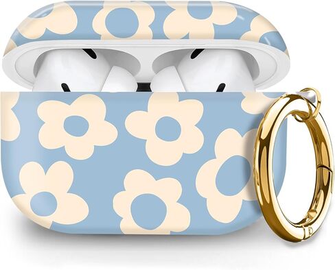 متوافق مع غطاء حافظة AirPod Pro الجيل الثاني/الأول، غطاء حماية لطيف صلب ومقاوم للصدمات مع سلسلة مفاتيح مستديرة ذهبية، للرجال والنساء والفتيات (زهرة زرقاء) in Kuwait