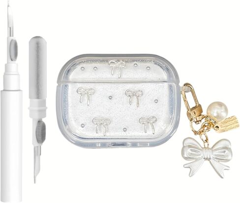 حافظة لجهاز AirPods 4th مع مجموعة تنظيف سلسلة المفاتيح، تصميم نمط القوس اللامع الشفاف ثلاثي الأبعاد من مادة TPU حافظة مقاومة للصدمات متوافقة مع Airpods الجيل الرابع 2024 للفتيات والنساء in Saudi Arabia