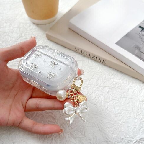 حافظة لجهاز AirPods 4th مع مجموعة تنظيف سلسلة المفاتيح، تصميم نمط القوس اللامع الشفاف ثلاثي الأبعاد من مادة TPU حافظة مقاومة للصدمات متوافقة مع Airpods الجيل الرابع 2024 للفتيات والنساء in Saudi Arabia