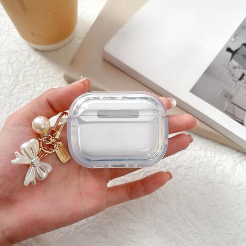 حافظة لجهاز AirPods 4th مع مجموعة تنظيف سلسلة المفاتيح، تصميم نمط القوس اللامع الشفاف ثلاثي الأبعاد من مادة TPU حافظة مقاومة للصدمات متوافقة مع Airpods الجيل الرابع 2024 للفتيات والنساء in Saudi Arabia