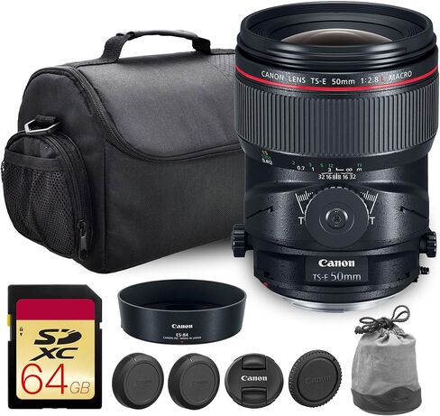 عدسة كانون TS-E 50 مم f/2.8L ماكرو قابلة للإمالة | سلسلة L-Series Prime مع التحكم في المنظور والتركيز البؤري القريب | مثالي للتصوير المعماري والاستوديو (2273C002) + حقيبة كتف + بطاقة سعة 64 جيجابايت in Kuwait