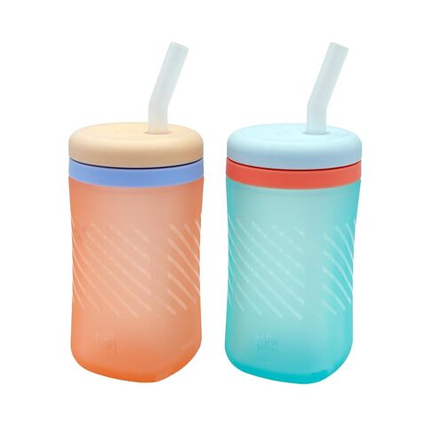 The First Years Silicone Squeeze & Sip Straw Cup - Spill-Proof Toddler Training Cups - Dishwasher Safe - Orange and Blue - 7 oz - 2 Count - Ages 6 Months+ in Saudi Arabia
