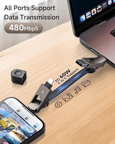 كابل شاحن USB C 6 في 1 بسلسلة مفاتيح، سلك شحن عالمي محمول بقدرة 60 وات مع USB-C وLightning وUSB-A وMicro USB للهواتف والأجهزة اللوحية وبنوك الطاقة in Kuwait