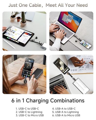 كابل شاحن USB C 6 في 1 بسلسلة مفاتيح، سلك شحن عالمي محمول بقدرة 60 وات مع USB-C وLightning وUSB-A وMicro USB للهواتف والأجهزة اللوحية وبنوك الطاقة in Kuwait