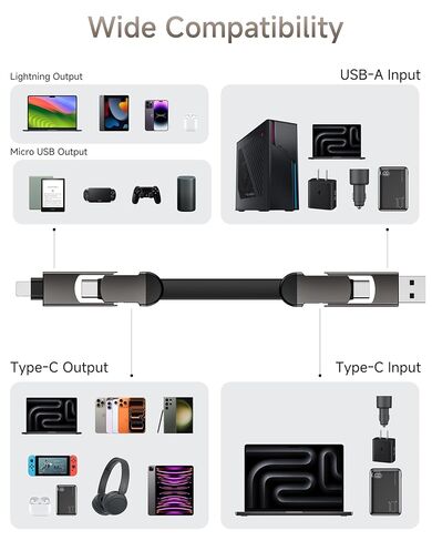 كابل شاحن USB C 6 في 1 بسلسلة مفاتيح، سلك شحن عالمي محمول بقدرة 60 وات مع USB-C وLightning وUSB-A وMicro USB للهواتف والأجهزة اللوحية وبنوك الطاقة in Kuwait