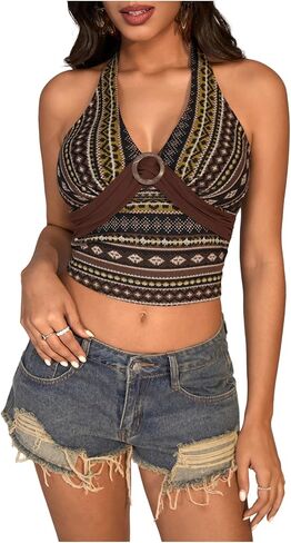 قمصان Verdusa النسائية القبلية Y2k هالتر بلوزات Boho Summer Hippie بدون ظهر للخروج in Saudi Arabia