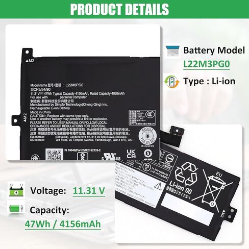 استبدال بطارية الكمبيوتر المحمول L22D3PG0 L22M3PG0 لجهاز Lenovo 100e 300e 500e Yoga Chromebook Gen 4 IdeaPad Flex 3 Chrome 12IAN8 IdeaPad Slim 3 Chrome 14M868 Series L22B3PG0 11.31V 47Wh 4156mAh in Saudi Arabia