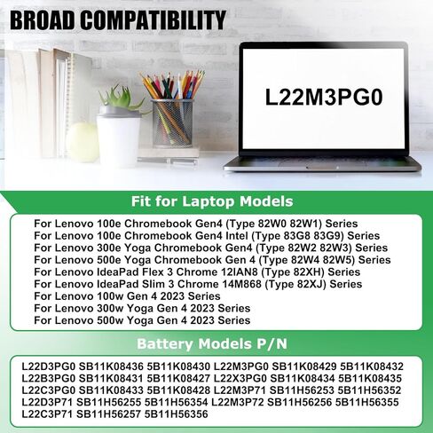 استبدال بطارية الكمبيوتر المحمول L22D3PG0 L22M3PG0 لجهاز Lenovo 100e 300e 500e Yoga Chromebook Gen 4 IdeaPad Flex 3 Chrome 12IAN8 IdeaPad Slim 3 Chrome 14M868 Series L22B3PG0 11.31V 47Wh 4156mAh in Saudi Arabia