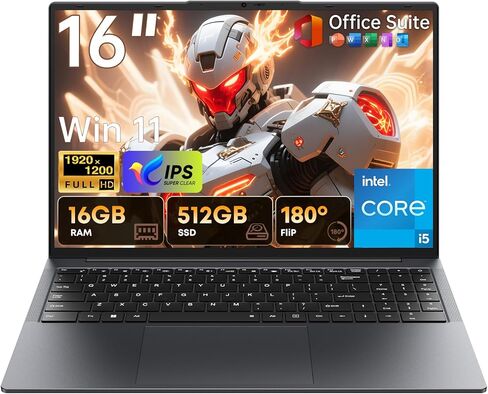 كمبيوتر محمول 16 بوصة، معالج Core i5 (يصل إلى 3.6 جيجا هرتز) ذاكرة الوصول العشوائي 16 جيجا بايت 512 جيجا بايت SSD، Win 11 Pro Office Suite 1920x1200 FHD 16:10 IPS Display Notebook 2.4G&5G WiFi 5 BT5.0 RJ45 HDMI USB3.0 لوحة مفاتيح بإضاءة خلفية in Kuwait