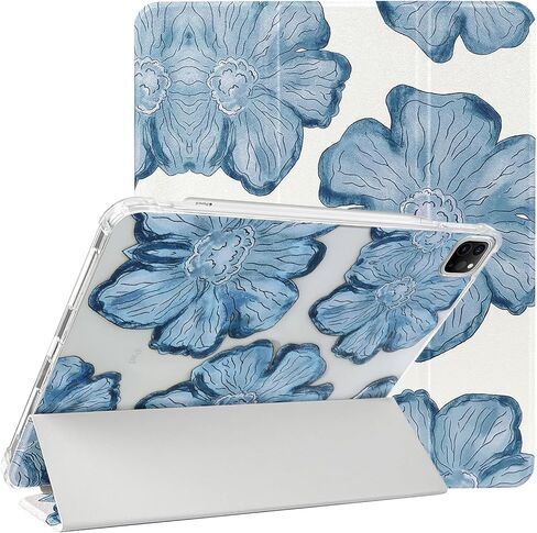 Lovmooful متوافق مع iPad Air 6th 11 بوصة M2 (2024)، iPad Air 5/4 (2022/2020 الجيل الخامس/الرابع 10.9 بوصة) مع حامل قلم رصاص لطيف على شكل زهرة لطيفة من مادة TPU وحامل ثلاثي الطي واقٍ - زهور زرقاء in Kuwait