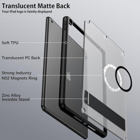 حافظة BENTOBEN لجهاز iPad الجيل التاسع المغناطيسي، حافظة iPad 10.2 2021/2020/2019 مع تصميم مسند، غطاء تابلت نحيف شفاف غير لامع مقاوم للصدمات، غطاء تابلت لطيف للفتيات الصبيان، أسود in Kuwait