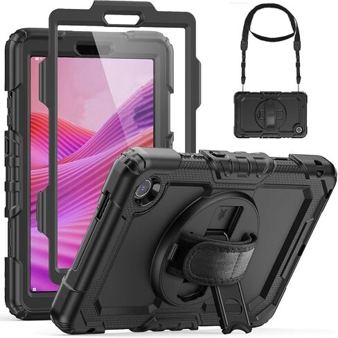 Case for Lenovo Tab One/Tab K9 8.7 inch 2025 with Screen Protector&Shoulder Strap/Hand Strap, Compatible for Lenovo Tab K9 (TB305FU) Cover, Rugged Protective Shockproof Case for Kids, Black in Saudi Arabia