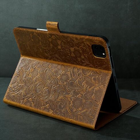 Gexmil Leather Case for iPad Pro 12.9 Inch,6th/5th/4th/3rd Generation 2022/2021/2020/2018 with Pencil Holder Magnetic Buckle,Genuine Leather Folio Cover,Auto Sleep/Wake,Flower Brown in Saudi Arabia