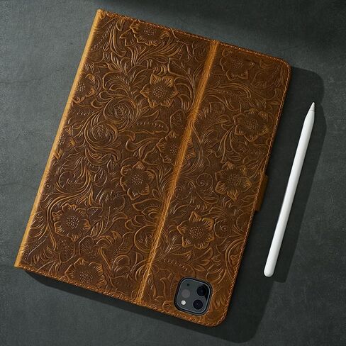 Gexmil Leather Case for iPad Pro 12.9 Inch,6th/5th/4th/3rd Generation 2022/2021/2020/2018 with Pencil Holder Magnetic Buckle,Genuine Leather Folio Cover,Auto Sleep/Wake,Flower Brown in Saudi Arabia