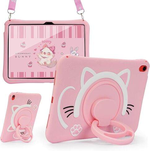 حافظة أطفال لجهاز iPad A16 الجيل الحادي عشر 11 بوصة 2025، iPad الجيل العاشر 10.9 بوصة 2022، تصميم قطة ثلاثي الأبعاد لطيف، حامل دوار 360 درجة، حافظة سيليكون مقاومة للصدمات، حزام قابل للتعديل (وردي) in Kuwait