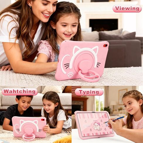 حافظة أطفال لجهاز iPad A16 الجيل الحادي عشر 11 بوصة 2025، iPad الجيل العاشر 10.9 بوصة 2022، تصميم قطة ثلاثي الأبعاد لطيف، حامل دوار 360 درجة، حافظة سيليكون مقاومة للصدمات، حزام قابل للتعديل (وردي) in Kuwait