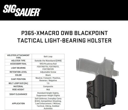SIG SAUER P365-XMACRO OWB BlackPoint Tactical Light-Bearing Optic-Ready Black Pistol Holster, Belt Loop Attachment, FOXTROT2R Lights & Slide-Mounted Reflex Sight Compatible in Kuwait