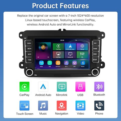 Road Top 7 inch Linux Car Stereo Touchscreen for Volkswagen Golf/Passat/Polo, Car Radio Receiver with Wireless CarPlay/Android Auto/Mirrorlink, for Siri Voice Control/Navigation Multimedia Stereo in Saudi Arabia