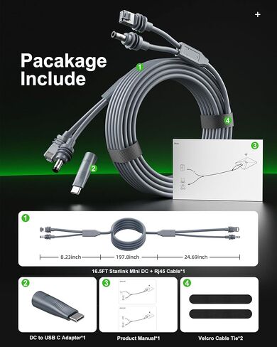 كابل Starlink Mini Ethernet 2 في 1 بطول 16.4FT/5M، سلك طاقة شحن DC/USB C + ملحقات كابل Starlink Mini بديل RJ45 in Kuwait