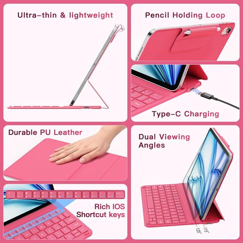Keyboard Case for iPad Air 11 inch (M3-2025, M2-2024), Ultra-Slim & Lightweight, Magnetic Detachable Rechargeable Smart Folio for Air 11 M3/M2 & iPad Air 5/4 10.9", Pink in Saudi Arabia